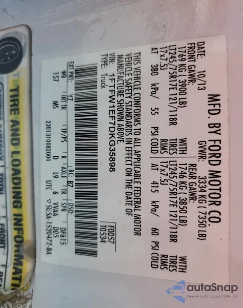 2013 Ford F150 Supercrew из США, поврежденный, VIN 1FTFW1EF7DKG35898